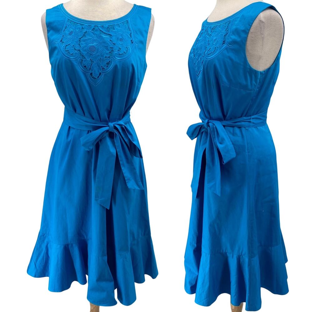 Talbots Fit & Flare Cotton Dress Embroidered Floral Neckline Ruffle Hem Blue 10